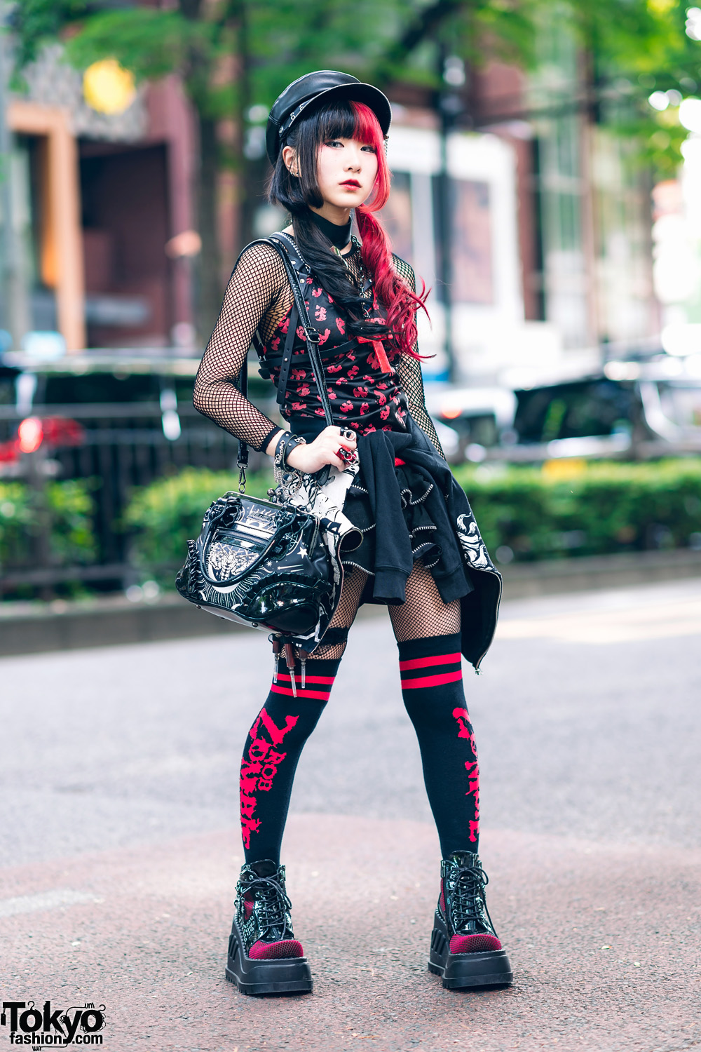 Gothic Red & Black Japanese Street Style w/ Leather Hat, Two Tone Hair, Hyper Core Jacket, Glavil, Brindle Rings, Killstar Bag, Rob Zombie Socks & Demonia Platforms