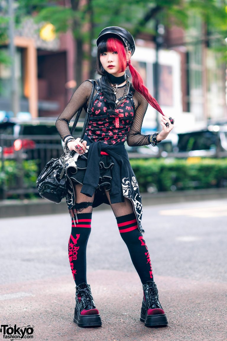 Gothic Red & Black Japanese Street Style w/ Leather Hat, Two Tone Hair ...