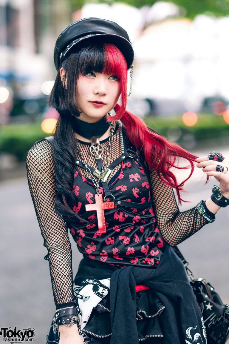 Gothic Red & Black Japanese Street Style w/ Leather Hat, Two Tone Hair ...