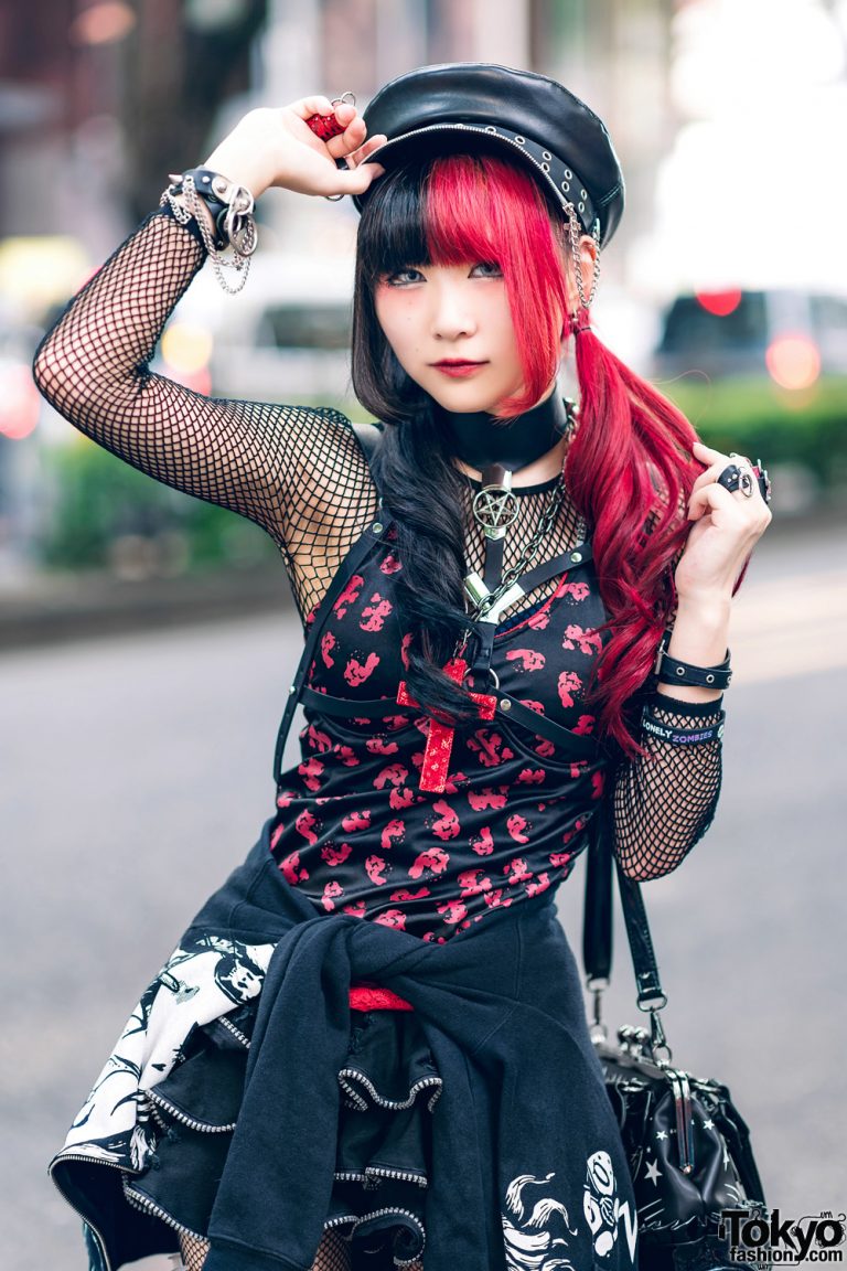 Gothic Red & Black Japanese Street Style w/ Leather Hat, Two Tone Hair ...