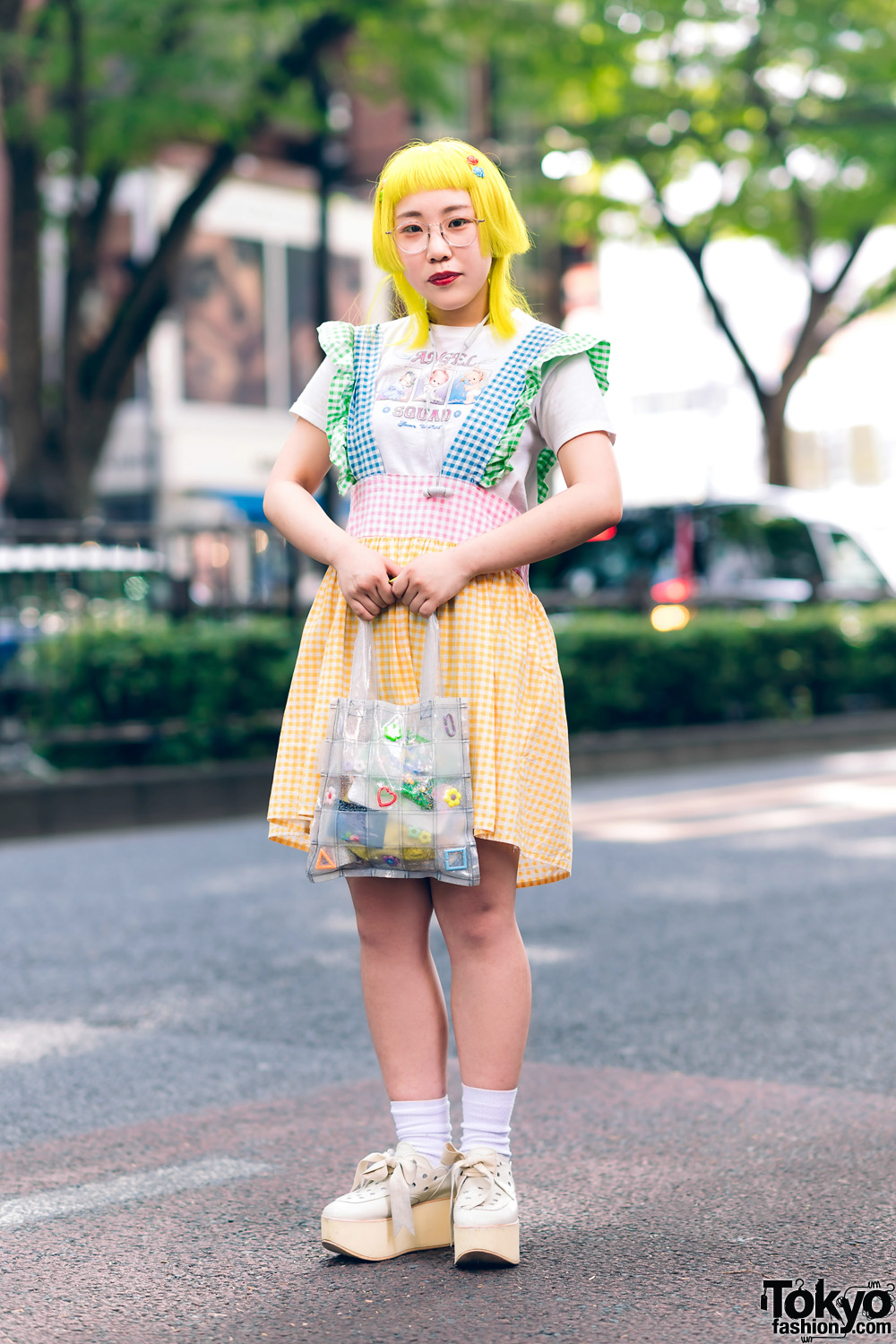 Colorful Harajuku Style w/ Yellow Hair, Angel Squad T-Shirt, Handmade Gingham Jumperskirt, Yuriko Eto Bag & Tokyo Bopper Bow Shoes