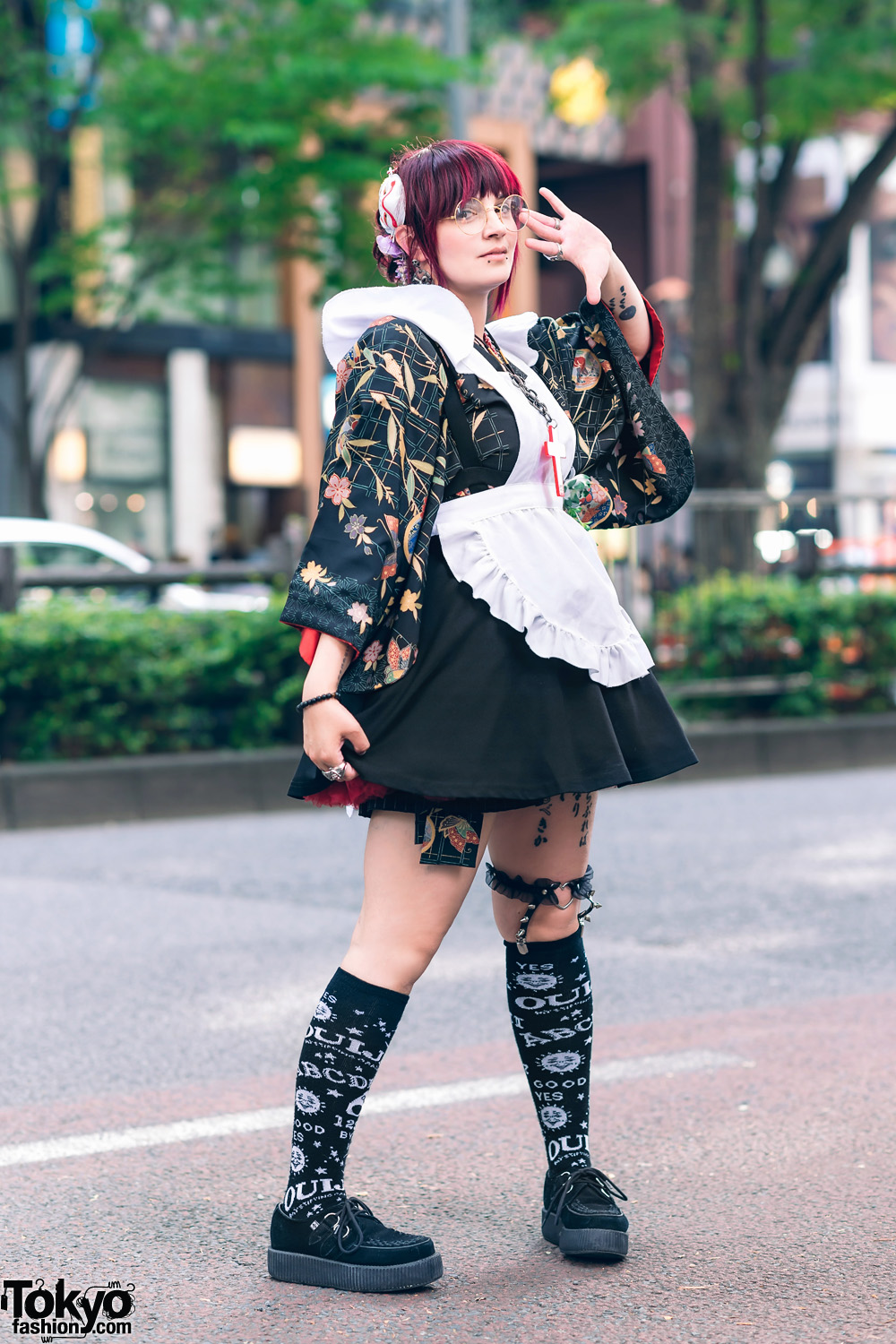 Japanese Kimono Street Style w/ Red Hair, Floral Headpiece, Cat Hair Mask, Resale Kimono, Ruffle Apron, Killstar, Glavil, Magarama & Suede Creepers