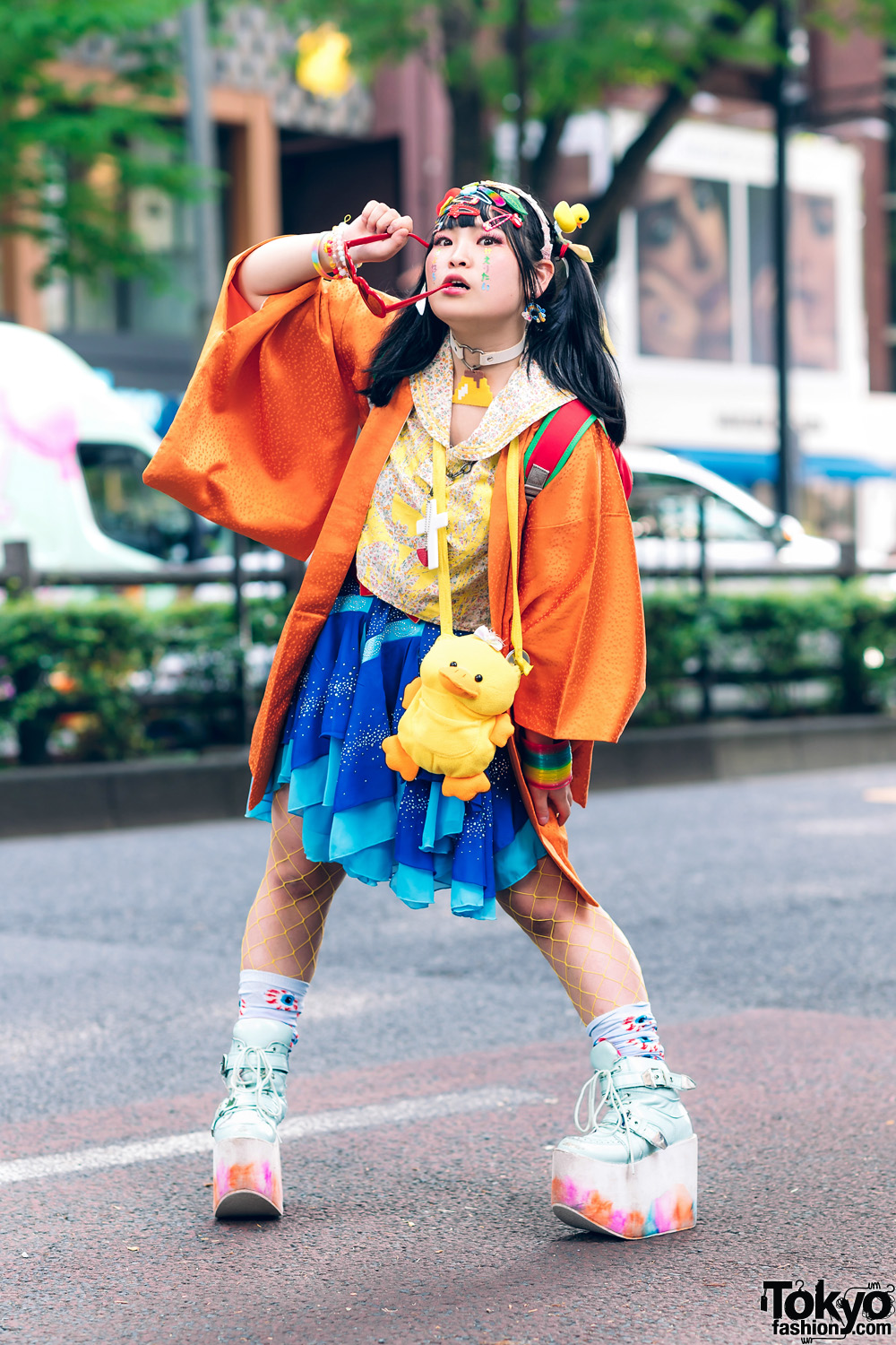 Colorful Harajuku Streetwear Style w/ Twin Tails, Decora Hair Clips, Resale Kimono, Dempagumi.inc Floral Top, Handkerchief Glitter Skirt, Ladybug Backpack & Yosuke Mint Platform Sneakers