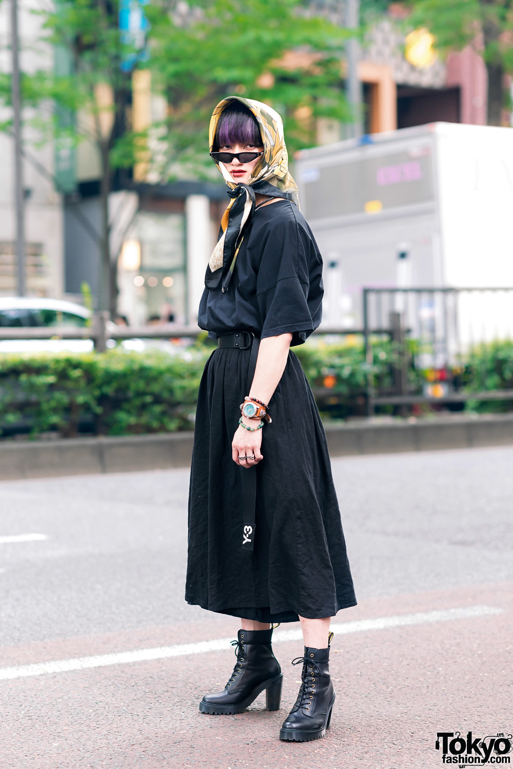 All Black Harajuku Street Style w/ Purple Hair, Silk Headscarf, Cat Eye Sunglasses, Hare T-Shirt, Lowrys Farm, & Dr. Martens Heeled Boots