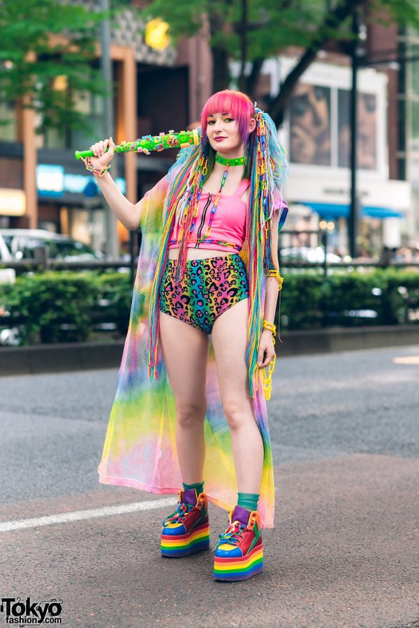 Rainbow Harajuku Streetwear Fashion w/ Twin Tails, Dolls Kill Mesh Coat, Kol Me Baby Cropped Top & Leopard Shorts, Daiso, Handmade Accessories, ACDC Rag Furry Backpack & YRU Platforms