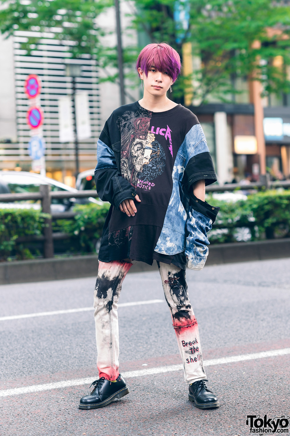Japanese Model's Graphic Print Streetwear Style w/ Purple Hair, Chain Earrings, Cote Mer Sweatshirt, Tie Dye Pants & Dr. Martens Shoes