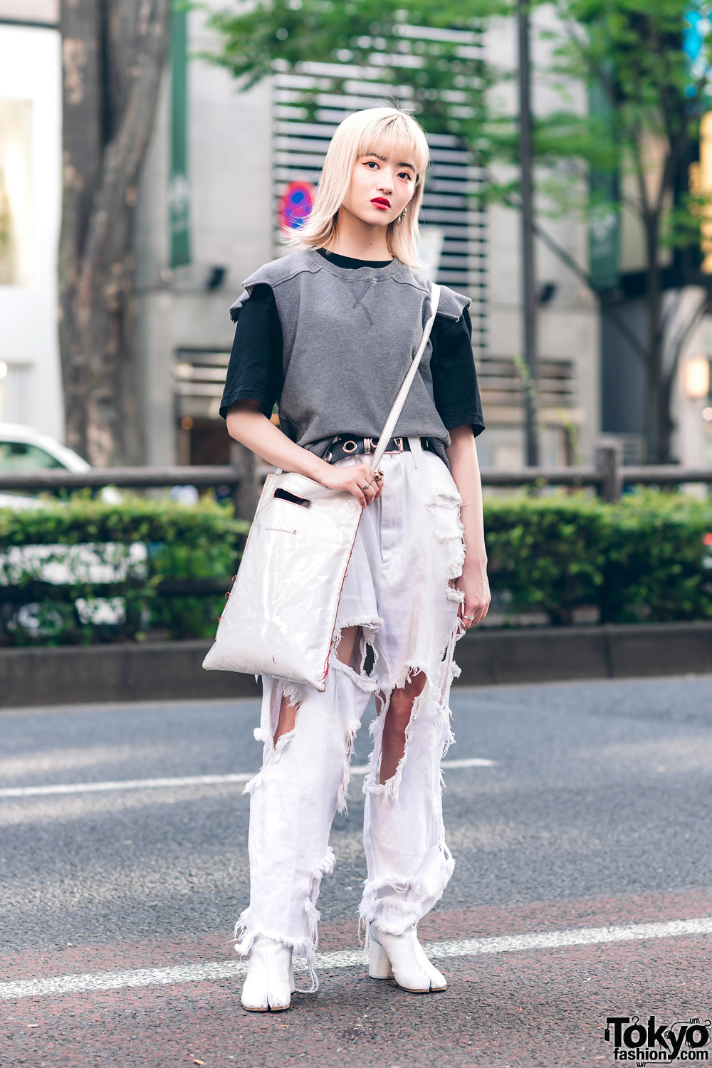 White Ripped Jeans Harajuku Street Style w/ MM6 Maison Margiela Shirts, Ikumi, Gucci &Maison Margiela Tabi Boots