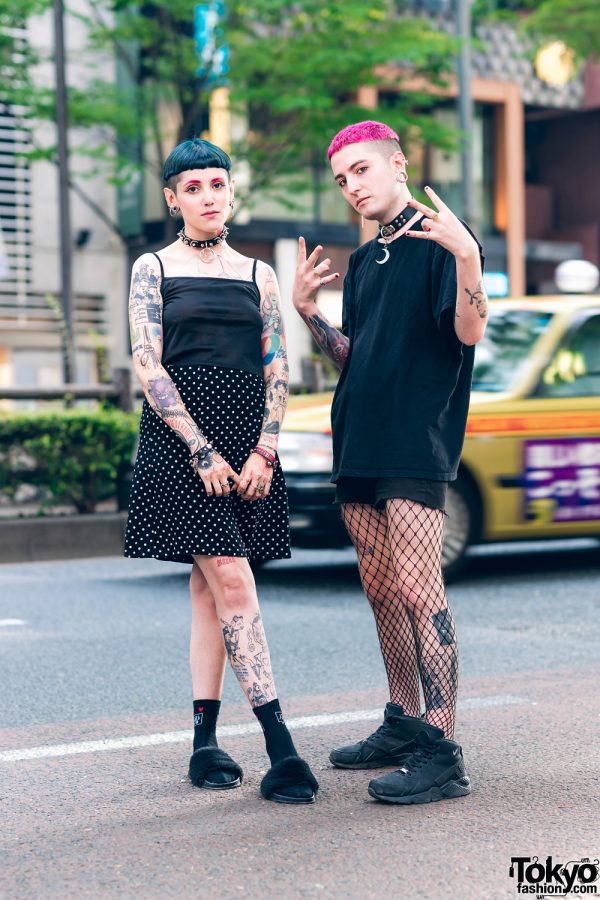 All Black Tokyo Street Styles w/ Colored Bobs, Leather Chokers, Colorful Tattoos, Polka Dot Skirt, Cut-Off Shorts, Fishnets, Fur Slides & Sneakers