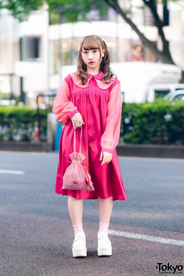 Pink Harajuku Style w/ Curly Hairstyle, Candy Stripper Two-Tone Peter Pan Collar Dress, Alice on Wednesday Rings, Pink House Gingham Bag &a Yosuke Platforms