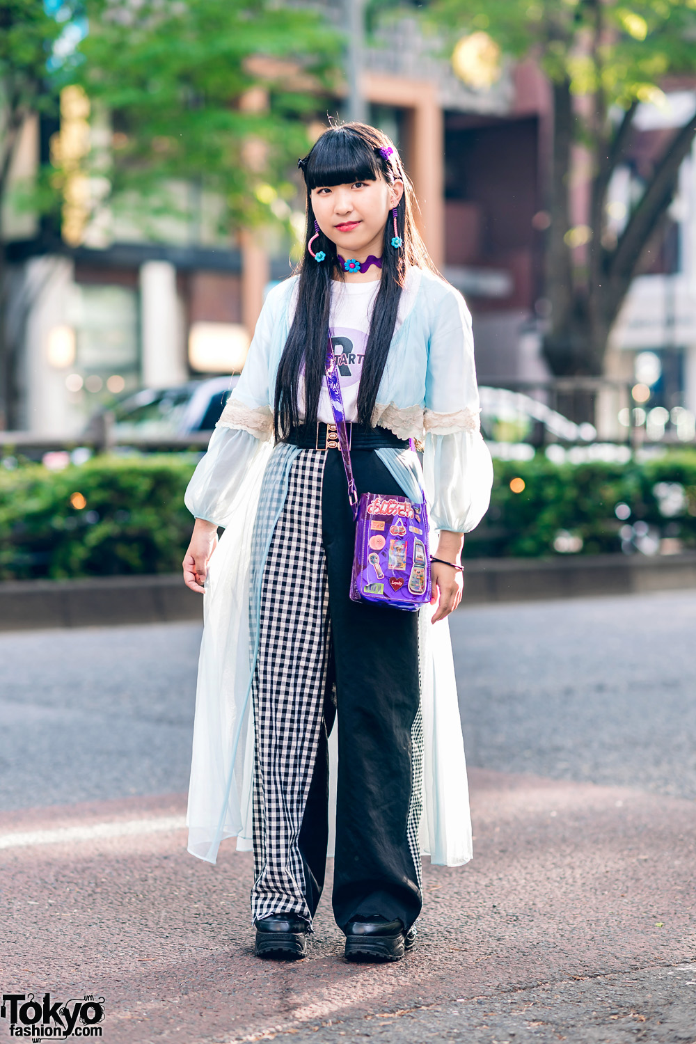 Harajuku Street Fashion w/ Long Hair, Kiki Sheer Robe, RRR Half Gingham Pants, WEGO Clear Bag & Yosuke Shoes