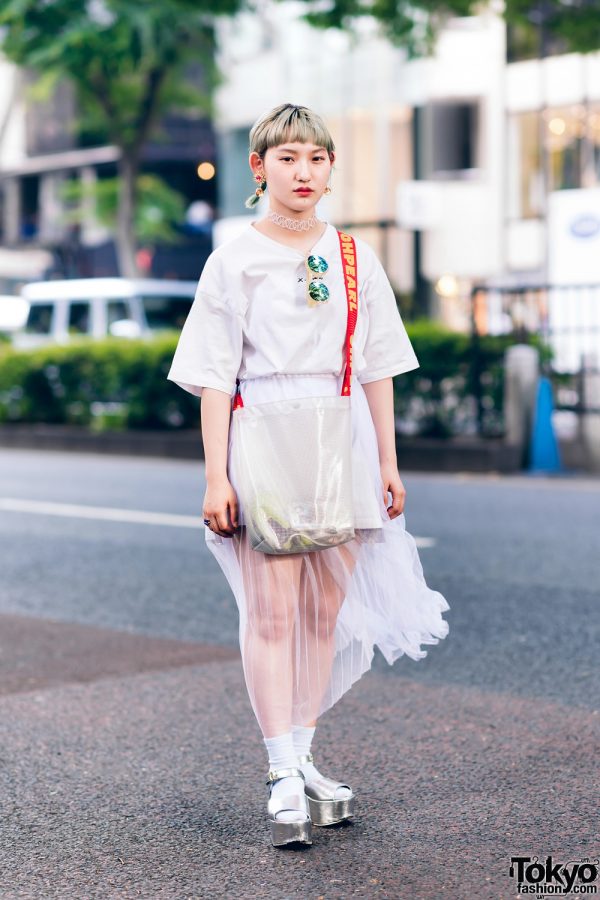 All White Harajuku Streetwear Style w/ Twin Blonde Tails, Tattoo Choker, X-Girl Shirt, Sheer Maxi Skirt, WC, Oh Pearl Sling & WEGO Metallic Sandals