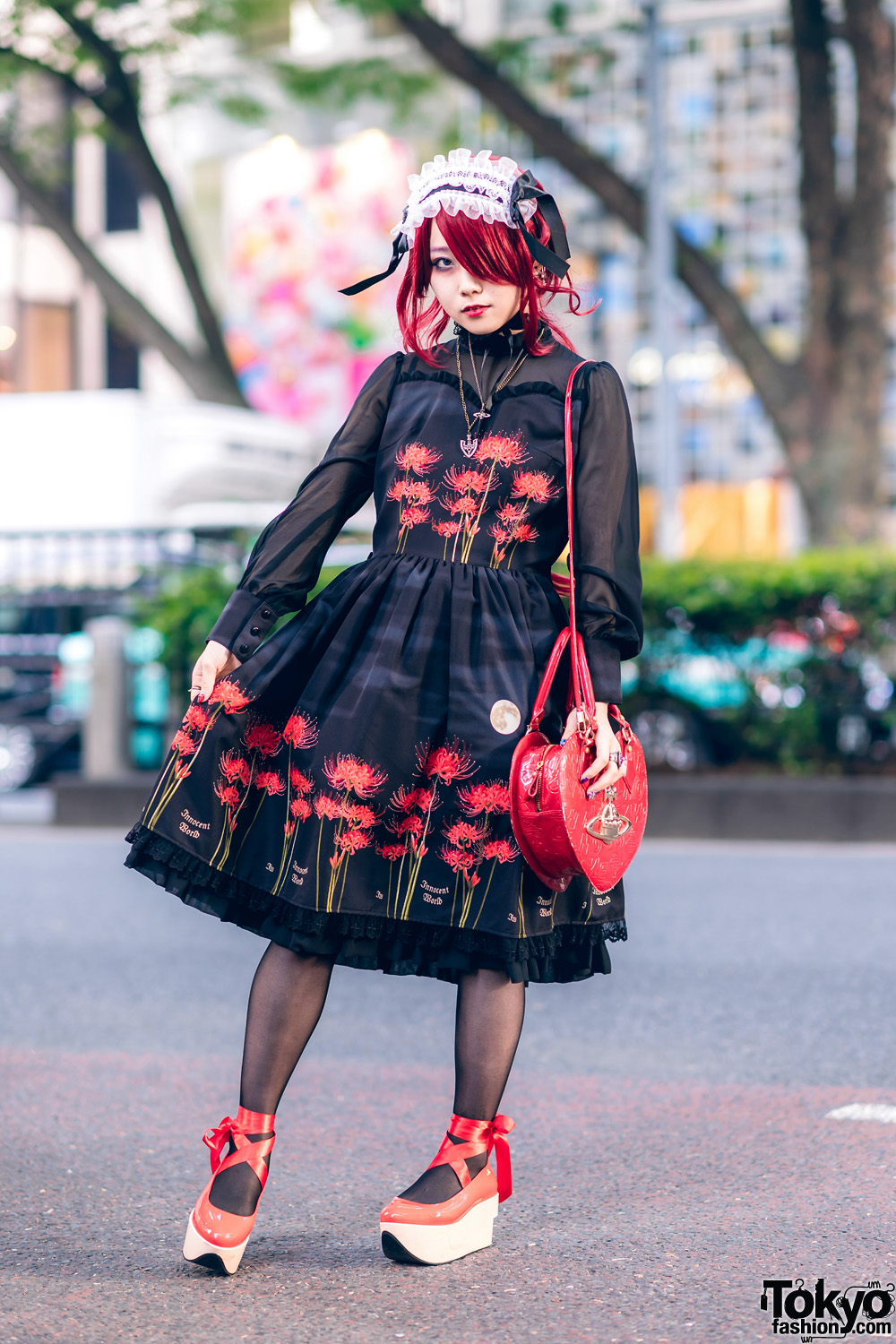 Japanese Idol in Harajuku Gothic Lolita Style w/ JoJo's Bizarre Adventure Necklace, Innocent World Dress, Heart Bag & Vivienne Westwood Rocking Horse Shoes