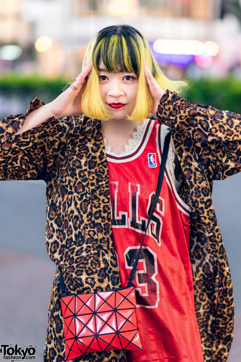 Eclectic Streetwear Look in Tokyo w/ Two-Tone Fringed Bob, Leopard ...