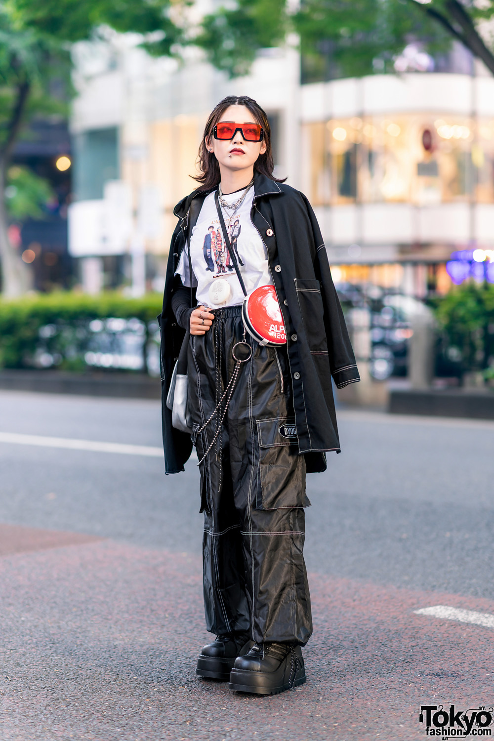 Tokyo Style w/ Red Sunglasses, Black Coat, Printed Shirt, Never Mind the XU, Alpen 1200 Sling Bag & Never Mind the XU Platforms