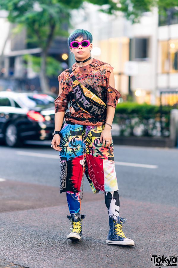 Graphic Tokyo Streetwear Style w/ Teal Hair, Cutout Top, Patchwork ...