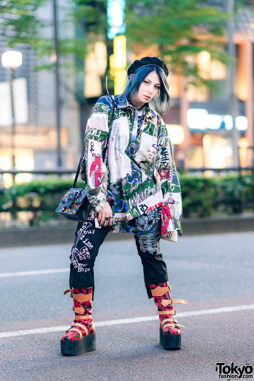 Japanese Pop Idol, Model & Cosplayer in Graphic Streetwear w/ Teal Hair, Hellcat Punks Beret, Tokyo Punkidz, H.Naoto & Vivienne Westwood x Buffalo Printed Platform Boots