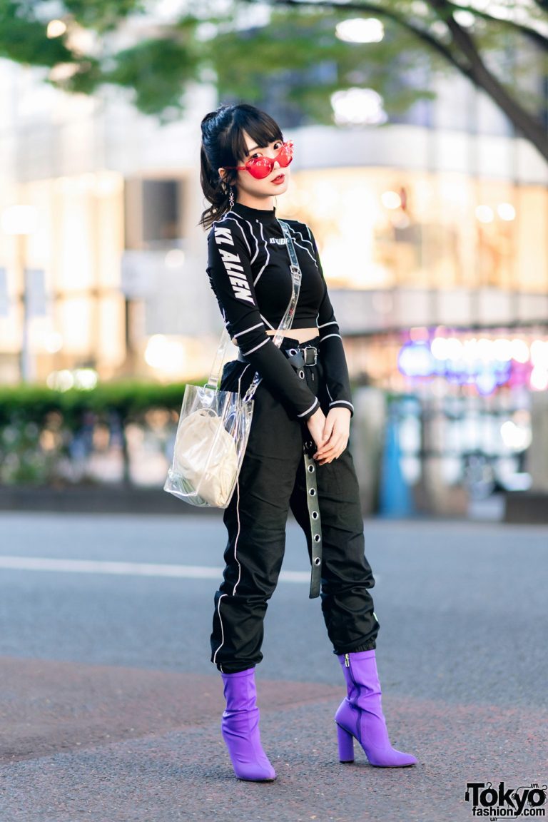 Japanese Idol in KL Alien Crop Top, Striped Track Pants, Clear Bag ...