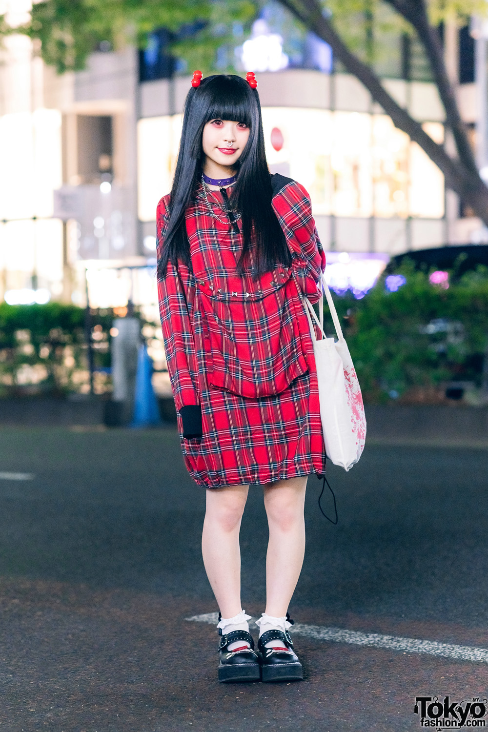 Harajuku Street Style w/ Red Contacts, Twin Tails, Glavil By tutuHA Leather Choker, Super Lovers Plaid Dress, Restrange Tote Bag & Demonia Skeleton Baby Doll Shoes