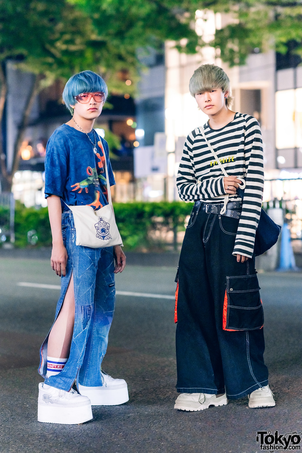 Japanese Street Fashion w/ Tie Dye Shirt, Mouse Slit Patchwork Jeans, Precious Junk Sling, Paul Smith Striped Sweatshirt, Wide Leg Jeans, Eytys & Nike Platform Sneakers