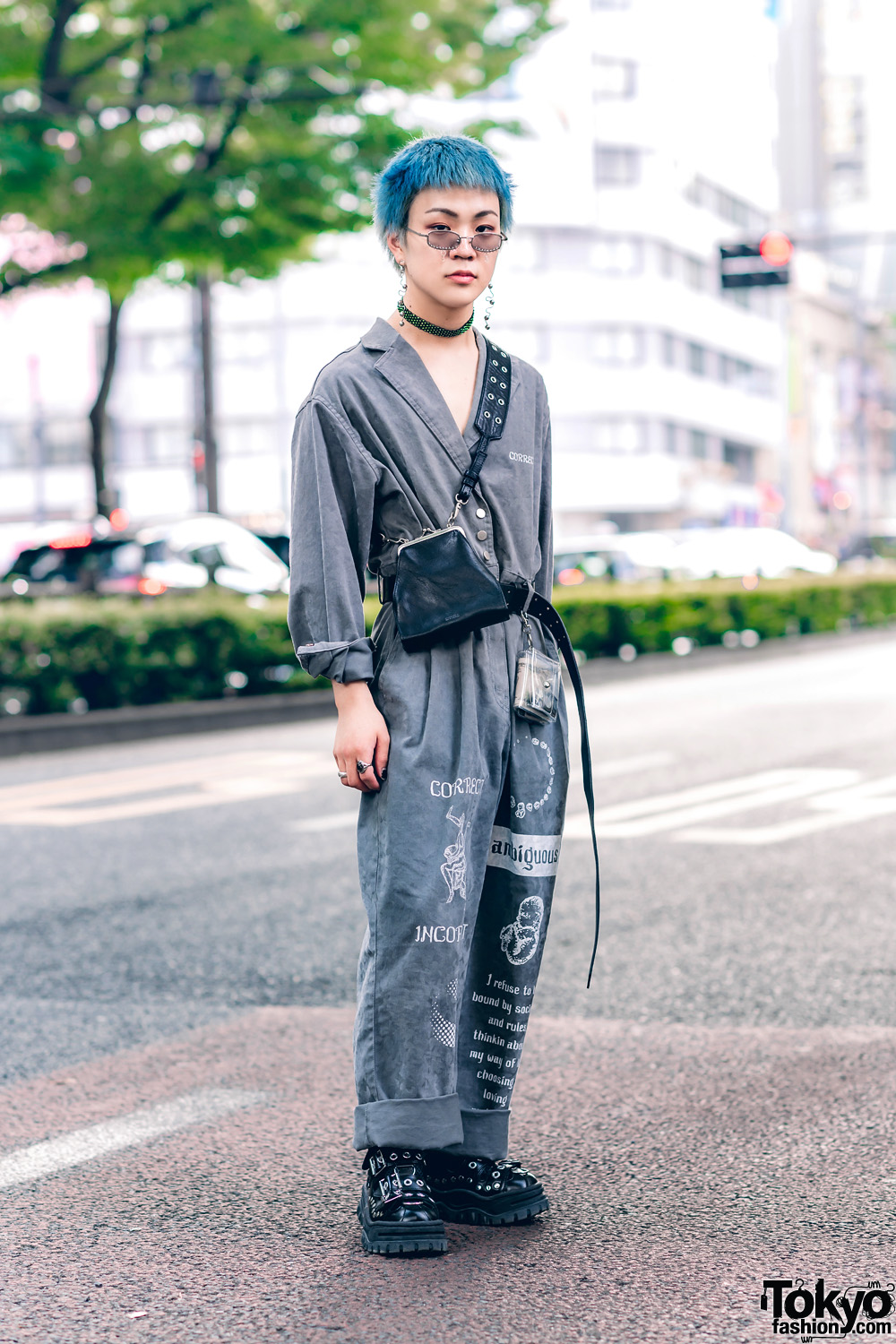 Japanese Street Style w/ Blue Hair, MYOB Cuffed Overalls, Gallerie, Bigotre Clasp Bag & Eytys Grommet Shoes