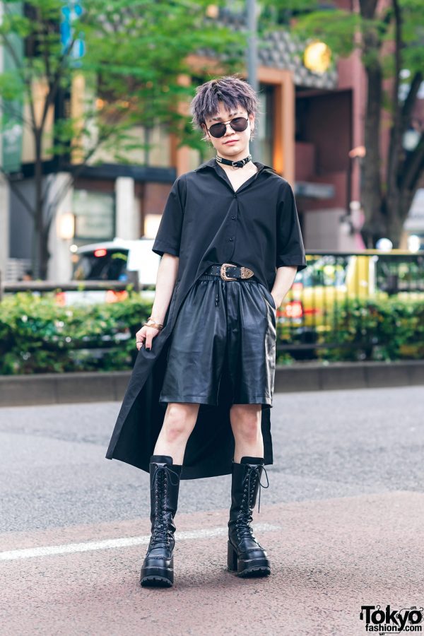 All Black Tokyo Street Style w/ Ash Hair, Kawi Jamele High Low Shirt, Zara Faux Leather Shorts, H&M, Gallerie & Yosuke Lace-Up Boots