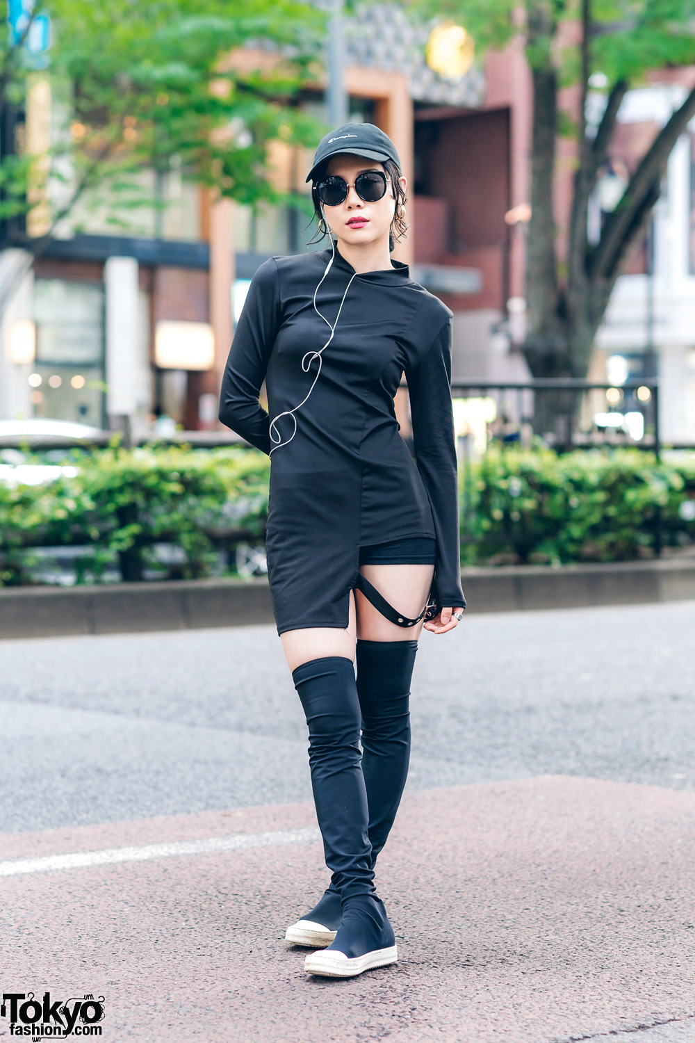 All Black Sporty Chic Style in Harajuku w/ Oversized Hoop Earrings, 24h Party Asymmetrical Strap Shirt, Champion Cap & Rick Owens Thigh High Sneakers