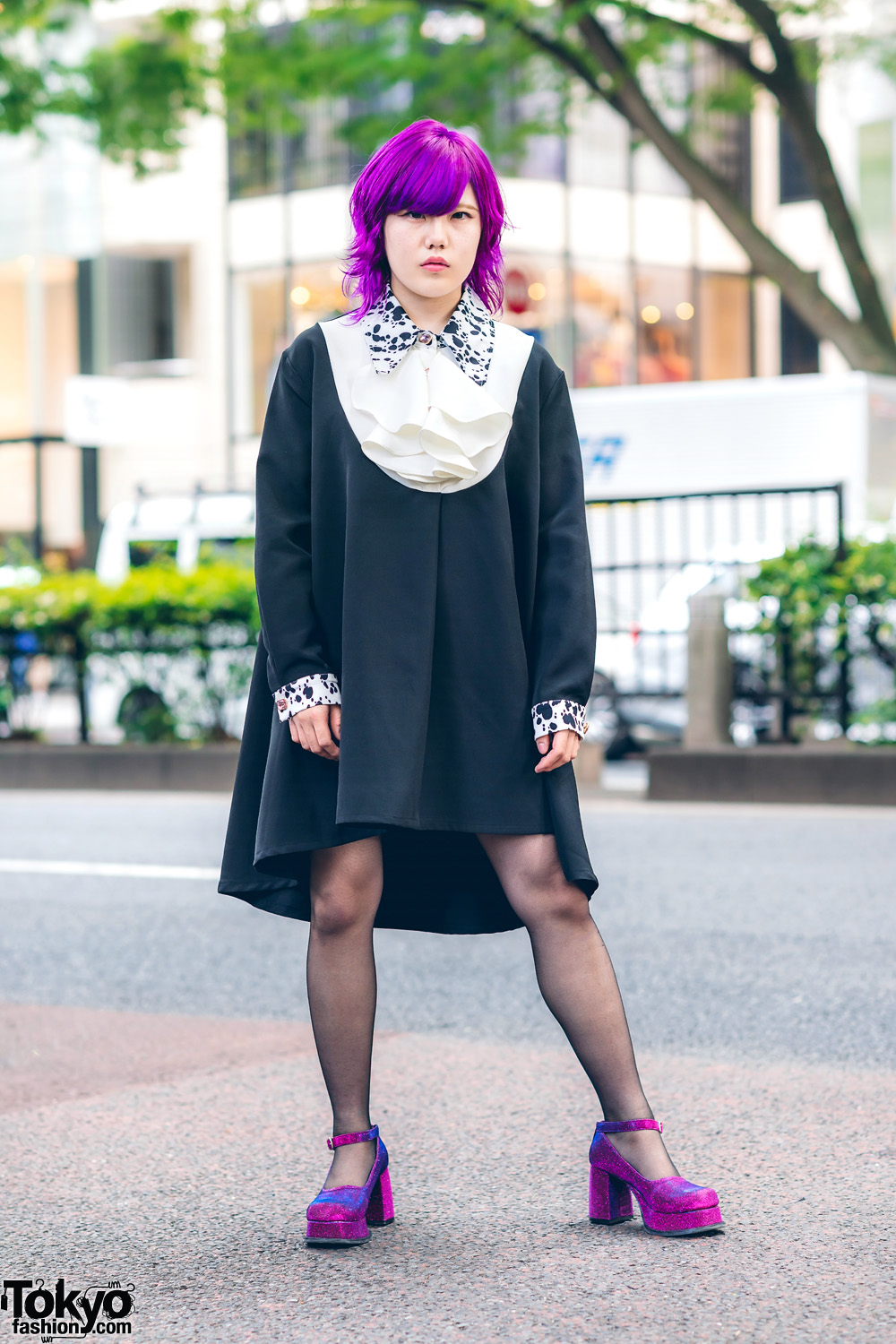 Purple Haired Harajuku Girl w/ Tongue Piercing, Sister Jane High Low Dress & Office Kiko Glitter Heeled Platforms