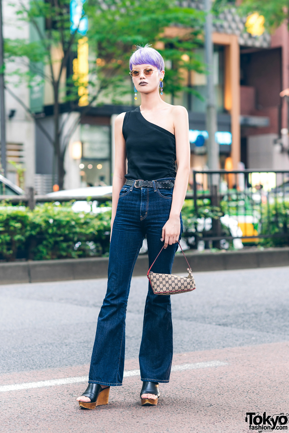Japanese Fashion Model in Harajuku w/ Lavender Pixie Cut, UN3D Off Shoulder Top, Ungrid Jeans, Otope, Gucci & Rosebud Wedge Sandals
