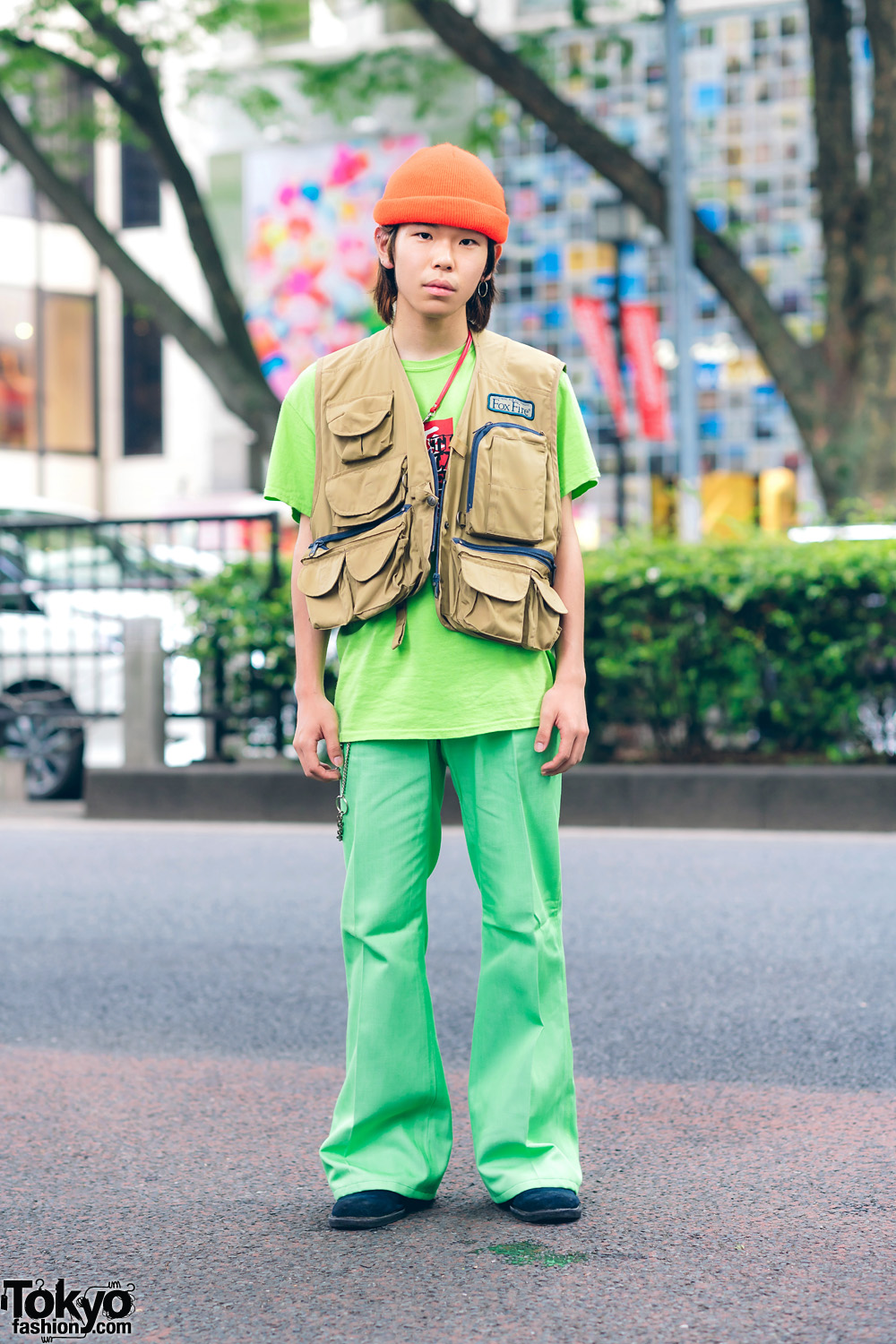 Harajuku Teen's Street Style w/ Orange Beanie, Utility Vest, Black Eye Patch, Flared Pants & Hawkins Suede Shoes