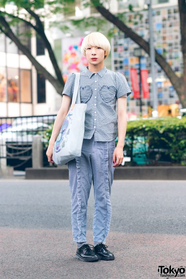 Cinema and Boy CQ Idol’s Harajuku Street Style w/ Merry Jenny Gingham Ruffle Shirt & Ruffle Pants, Rurumu Tote Bag & Lace-Up Shoes