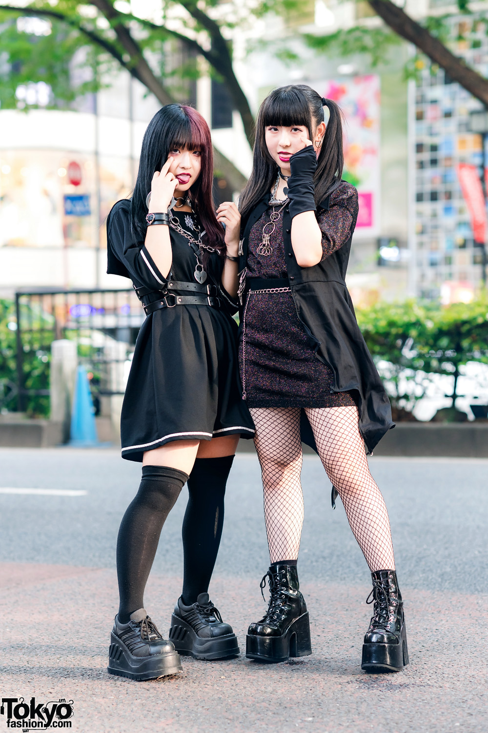 Harajuku Teen Girls Street Styles w/ Two-Tone Hair, Twin Tails, Leather Harness, Drug Honey Sailor Collar Dress, Glitter Sweater, Nyulycadelic, Kinji & Demonia