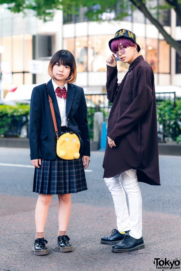 Japanese Street Styles w/ Purple Hair, Bucket Hat, School Uniform, Pokemon Psyduck Bag, GGD Shirt, Skinny Pants & Dr. Martens