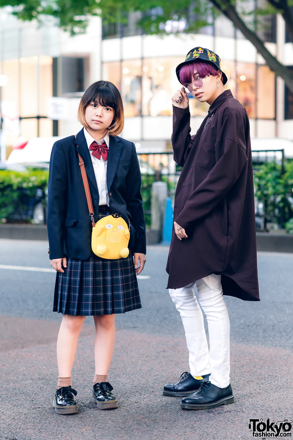 Japanese Street Styles w/ Purple Hair, Bucket Hat, School Uniform, Pokemon  Psyduck Bag, GGD Shirt, Skinny Pants & Dr. Martens – Tokyo Fashion