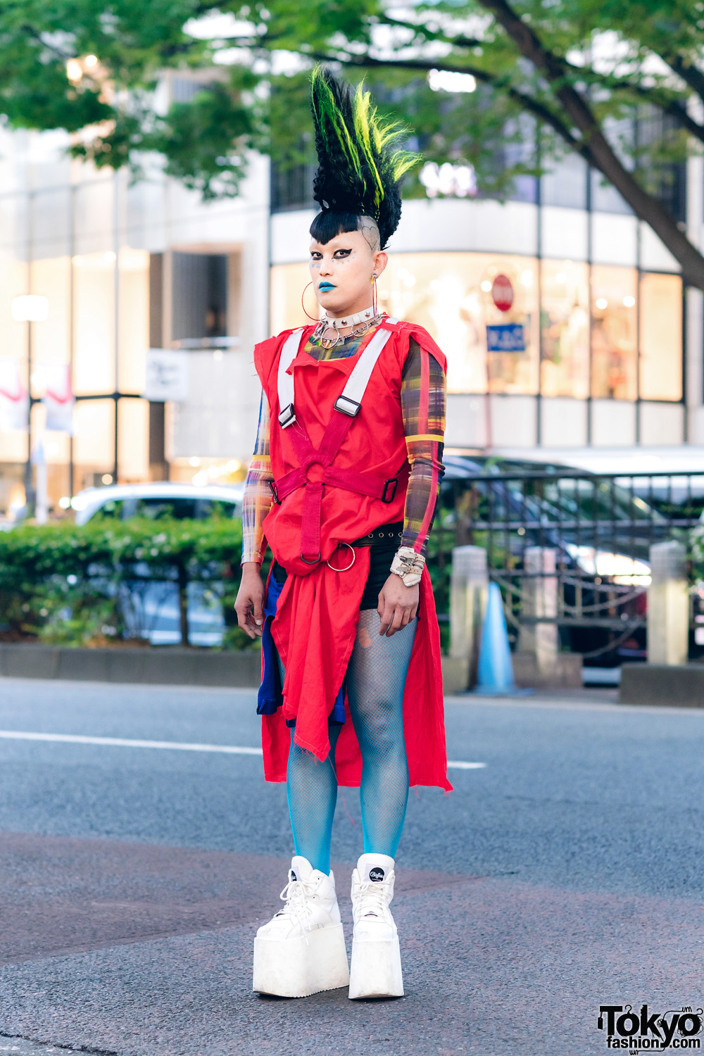 Vintage Fashion Buyer in Harajuku w/ Tall Mohawk Hair, Blue Lipstick, Heiligtum Shirt Dress, Fishnet Tights, Junya Watanabe Choker & Buffalo Platform Sneakers