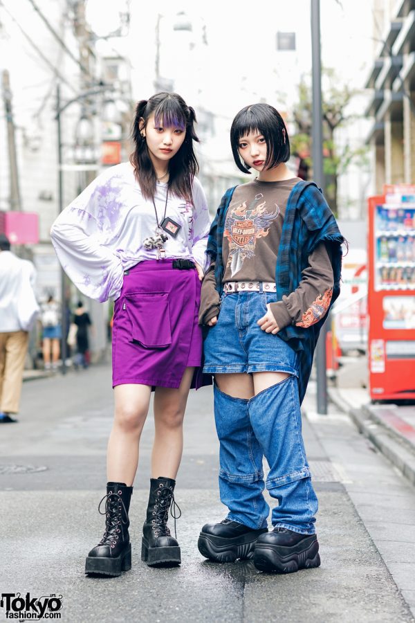 Japanese Girls Harajuku Street Styles w/ Purple Bangs, MYOB NYC, ESC Studio, Kinji Cutout Jeans, Faith Tokyo, Harley Davidson & Demonia