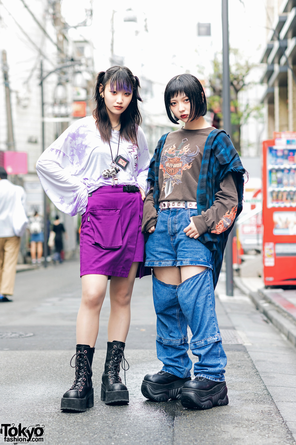 Japanese Girls Harajuku Street Styles W Purple Bangs Myob Nyc Esc Studio Kinji Cutout Jeans Faith Tokyo Harley Davidson Demonia Tokyo Fashion