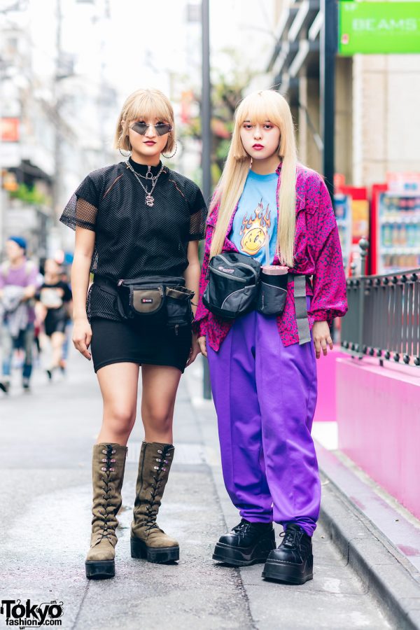 Tokyo Streetwear Styles w/ Blonde Bob, Geometric Sunglasses, H&M Mesh Shirt, Faith Tokyo Flame Shirt, Demonia, ME Harajuku & Chicago Waist Bag