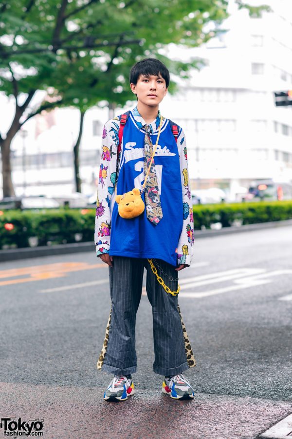 Eclectic Tokyo Street Style w/ Sports Jersey, H&M Floral Shirt, Remake Pinstripe Pants, Spider-Man Backpack, Winnie the Pooh Sling & Puma Sneakers