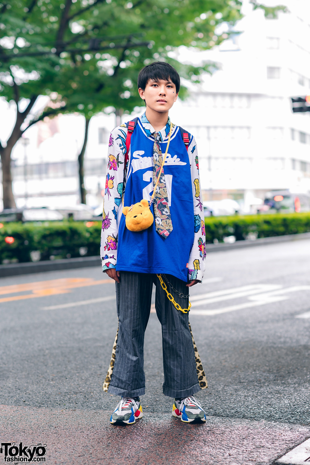 Eclectic Tokyo Street Style w/ Sports Jersey, H&M Floral Shirt, Remake Pinstripe Pants, Spider-Man Backpack, Winnie the Pooh Sling & Puma Sneakers