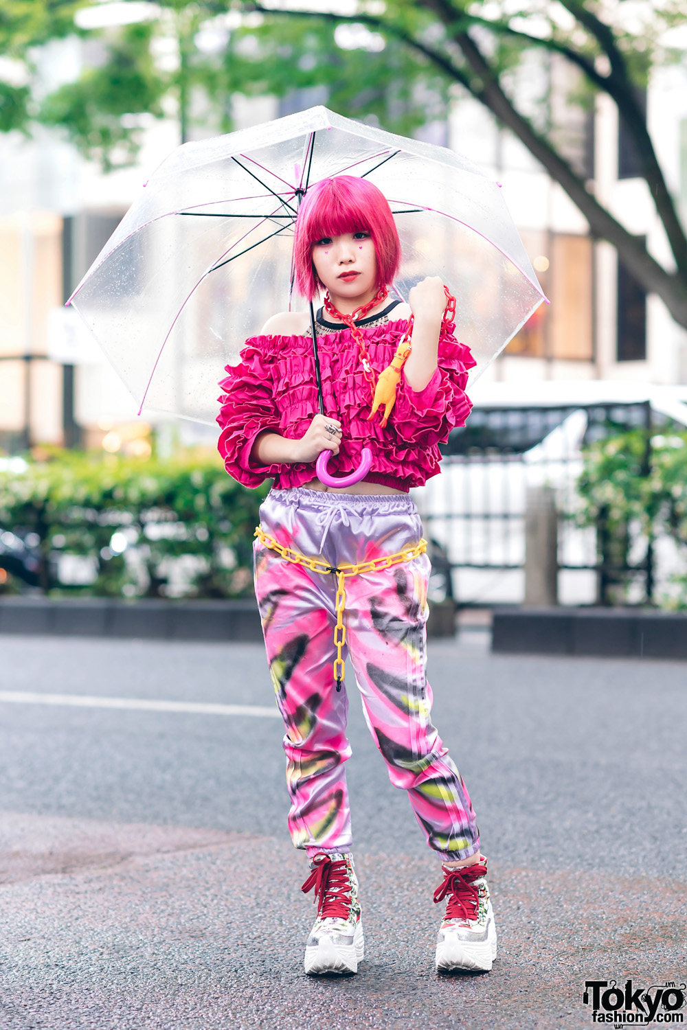 Pink Tokyo Fashion w/ Fringed Bob, Kobinai Off-The-Shoulder Ruffle Top, Graphic Print Satin Pants, 100-Yen Shop Chains & Yosuke Platform Sneakers