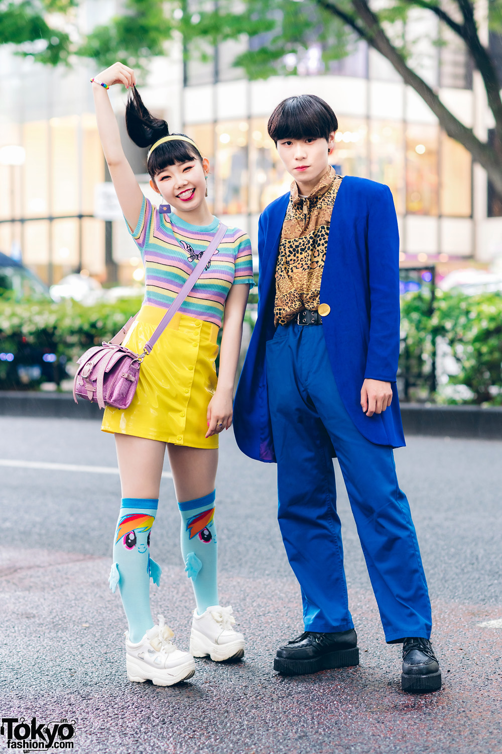 Japanese Teens Street Styles w/ Butterfly Shirt, Pleather Skirt, Blue Suede Blazer, Candy Stripper, WC, Peco Club & Demonia