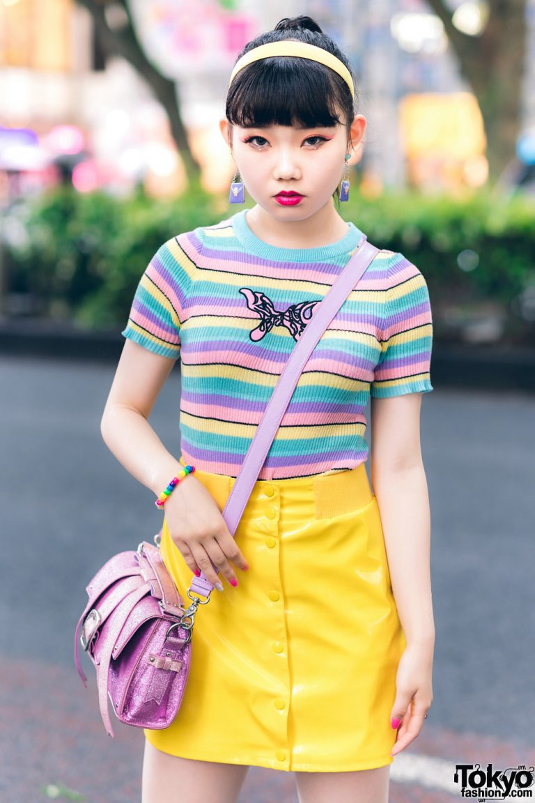 Japanese Teens Street Styles w/ Butterfly Shirt, Pleather Skirt, Blue ...