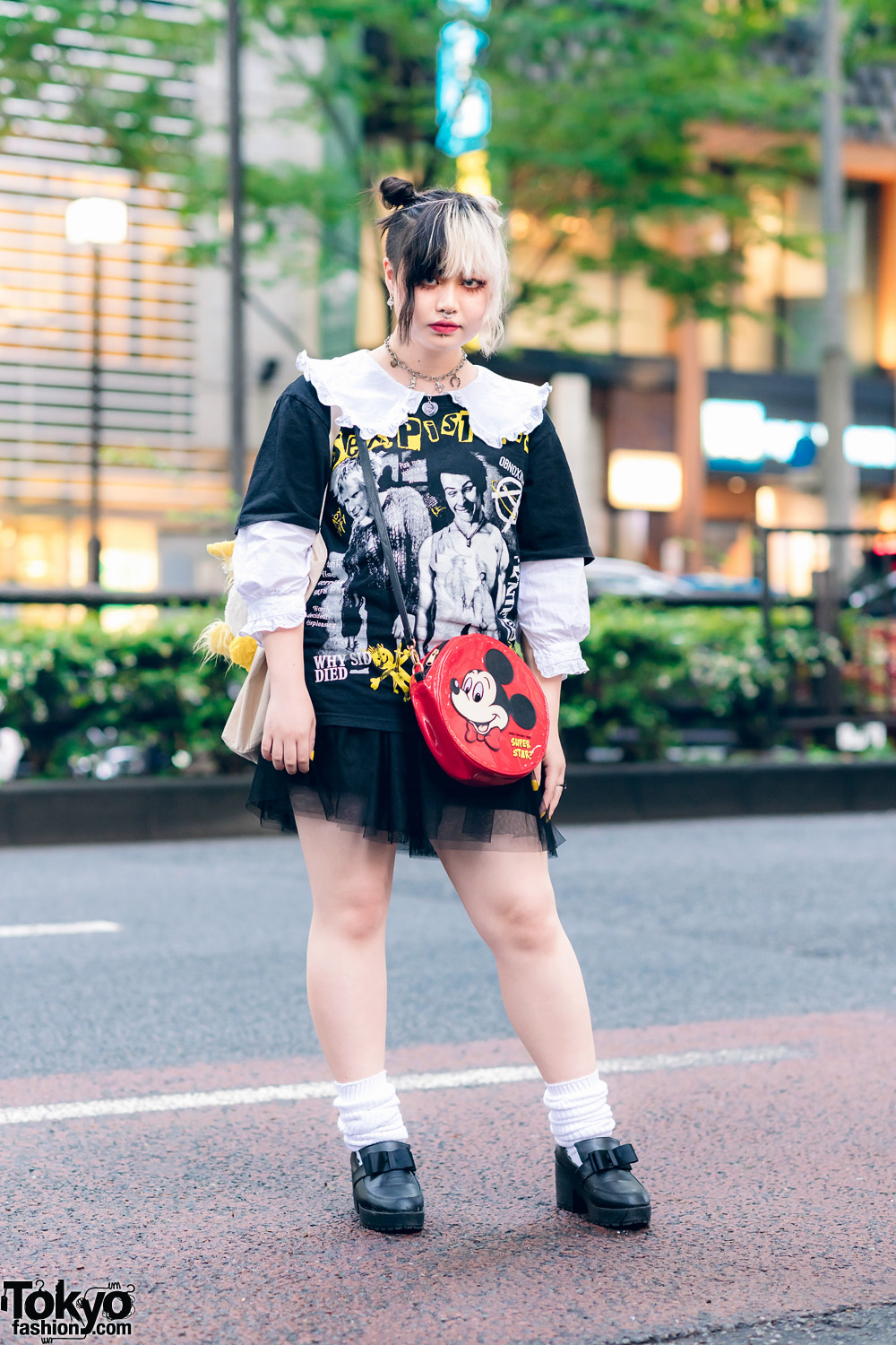 Harajuku Girl Street Style w/ Twin Buns, Sex Pistols T-Shirt, Tulle Skirt, Peco Club, Mickey Mouse Bag & Heeled Bow Loafers