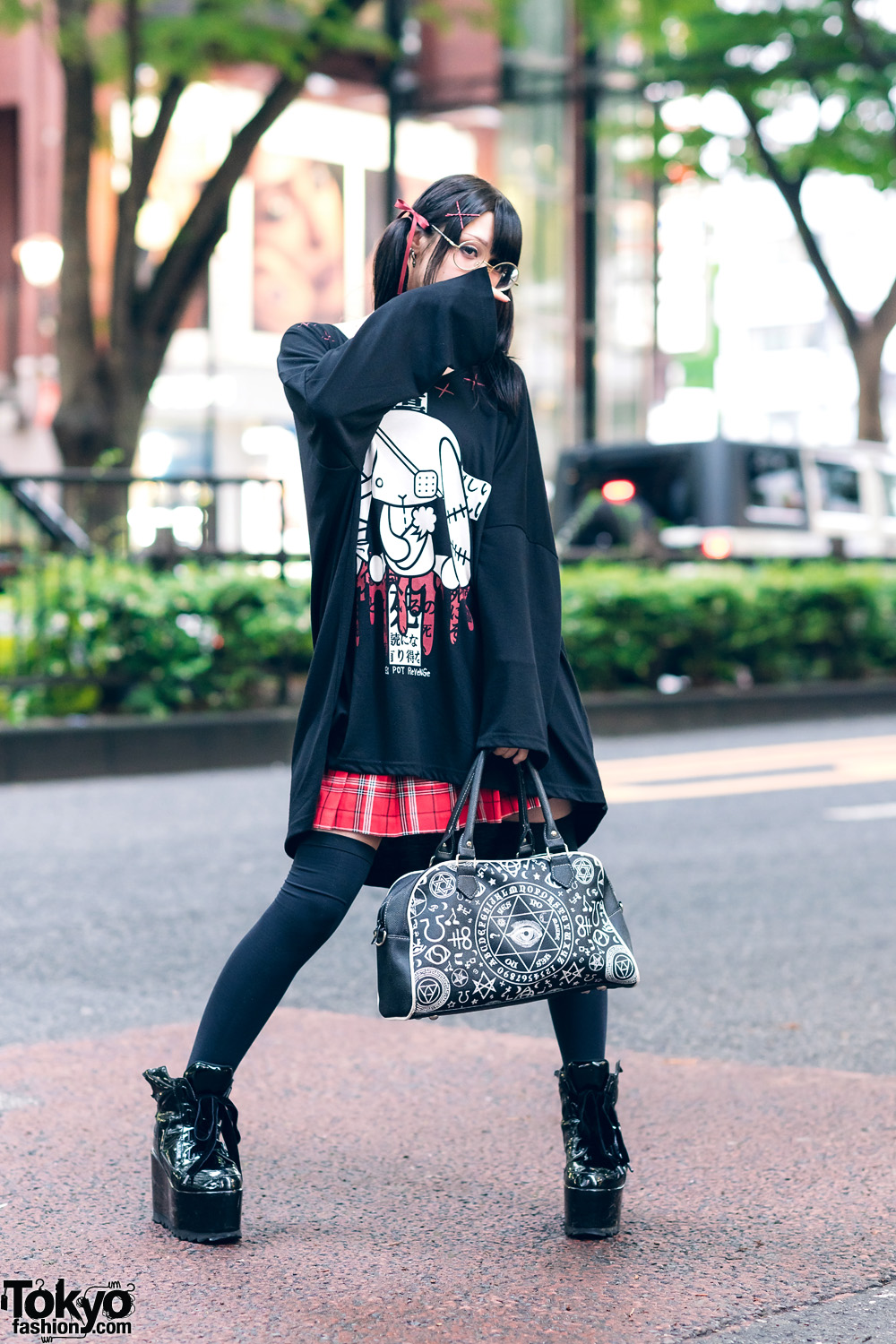 Monochrome Harajuku Streetwear w/ Twin Tails, Round Glasses, Civarize Choker, Sex Pot Revenge Flared Top, H&M Plaid Skirt, Ouija Board Bag & Killstar Platforms