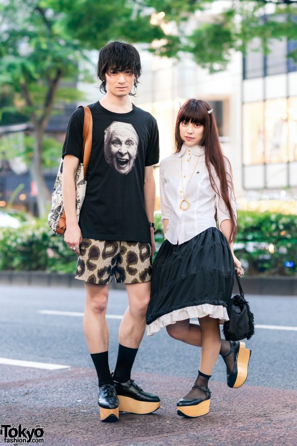 Vivienne Westwood Street Styles in Harajuku w/ Jeweled Devil Horns, World’s End Face Shirt, Hoop Skirt, Cheetah Shorts, Comic Print Tote & Rocking Horse Shoes