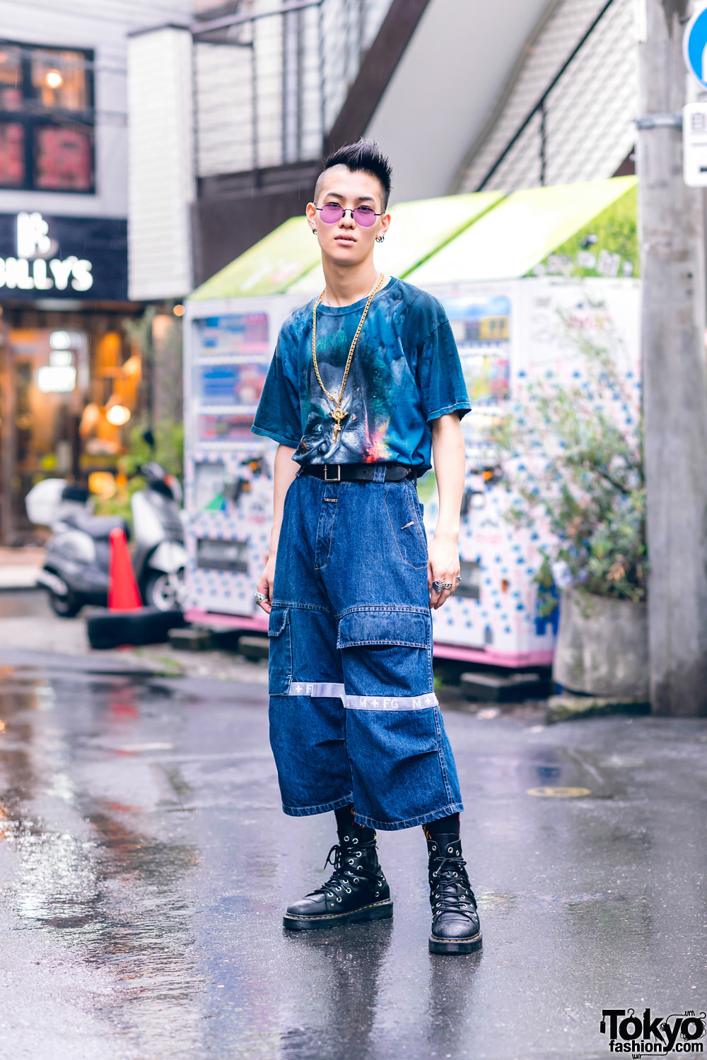 Casual Tokyo Street Style w/ Partially Shaved Hair, Tinted Glasses, Blingee Cross Necklace, Graphic Shirt, Marithe + Francois Girbaud, Dog Harajuku, Nacht & Dr. Martens Grommet Boots