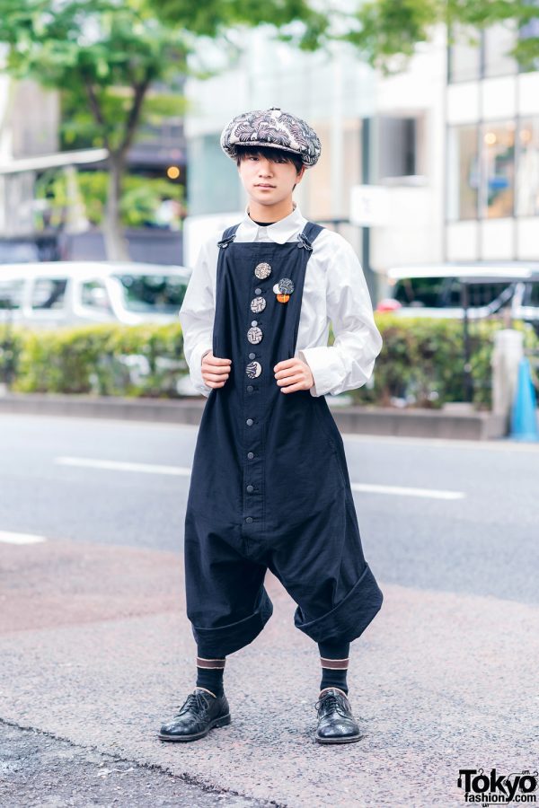 Christopher Nemeth Streetwear Style w/ Newsboy Cap, Rope Print Badges, White Shirt, Drop Crotch Overalls & Leather Wingtip Shoes