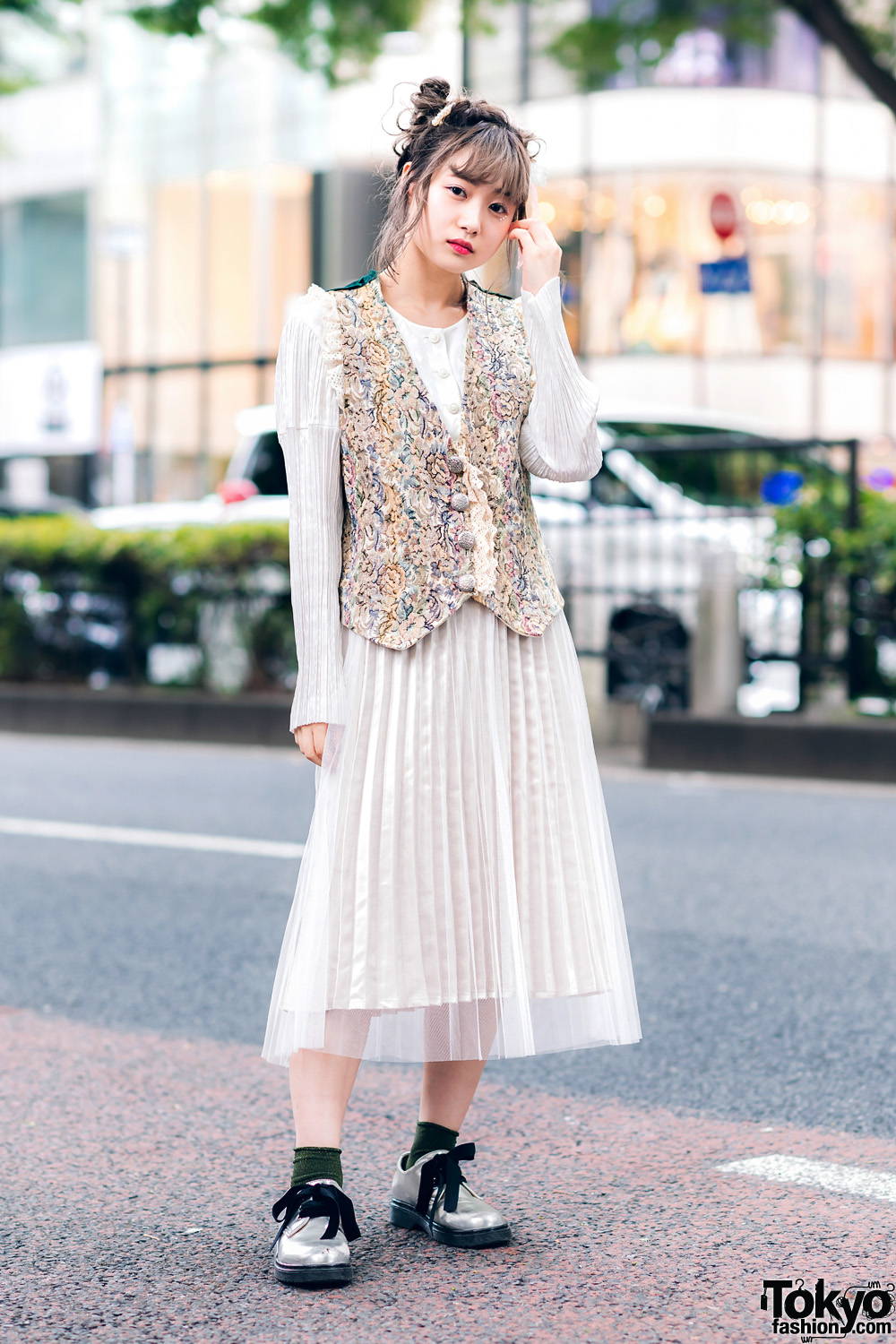 Chic Vintage Harajuku Street Style w/ Updo Hairstyle, Pleated Sheer Dress, Floral Brocade Vest & Vintage Lace-Up Bow Shoes