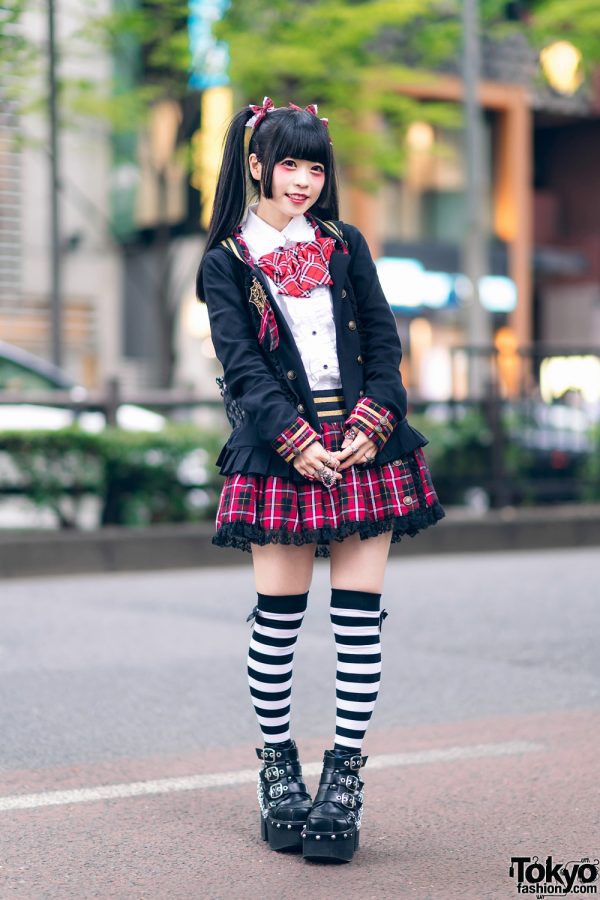 Gothic Punk Plaid Harajuku Street Style w/ Twin Tails, Putumayo Hoodie, Deorart Bow Top, Striped Socks, Hangry&Angry Backpack & Platform Boots