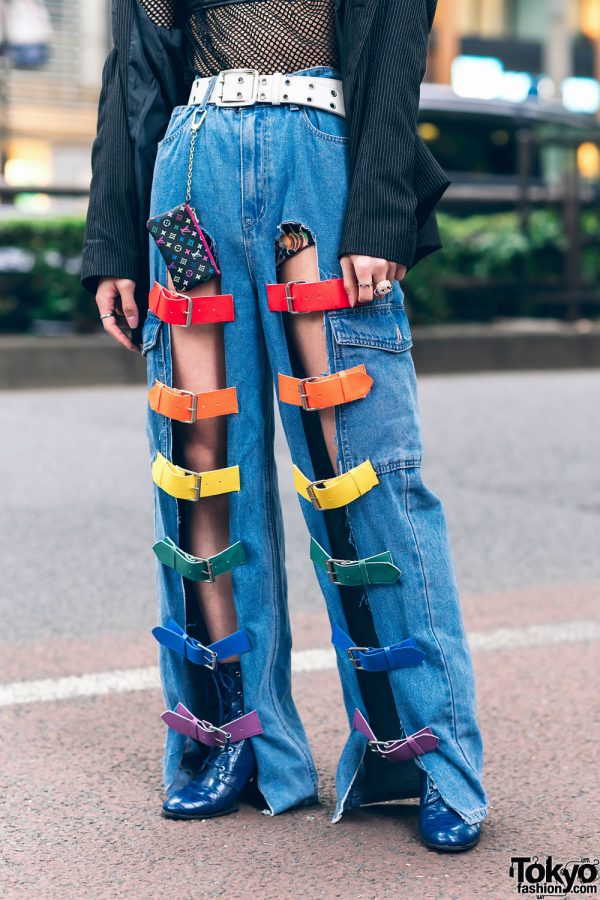 Handmade Cutout Denim Pants W Rainbow Belt Detailing Tokyo Fashion